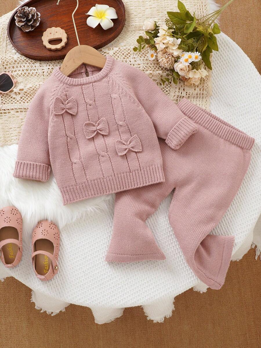 2 sztuki/zestaw: śliczny różowy sweterek dla małych dziewczynek | Sweter z okrągłym dekoltem i długim rękawem + modne spodnie dzwony z ozdobną kokardką 3D - Różowy - Zobacz 1