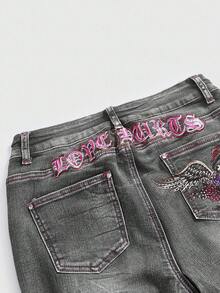 Betty Boop | ROMWE Y2K 机车风翼形印花水钻装饰喇叭牛仔裤 - 淺灰色 - 查看 7