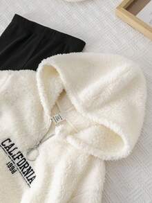 2 件套女婴可爱保暖连帽运动衫和针织打底裤套装，秋冬 - 米色 - 查看 4