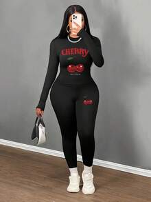 Slaydiva Bộ đồ thể thao bó sát 2 món họa tiết quả anh đào phong cách đường phố thường ngày cho nữ cỡ lớn, phù hợp với phong cách đường phố và hip hop - màu đen - Xem 1
