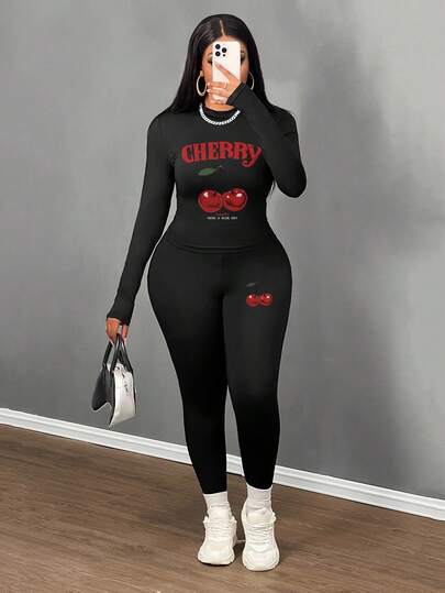 Slaydiva 大码女式两件套樱桃印花休闲街头风格紧身运动服套装，适合街头风格和嘻哈风格