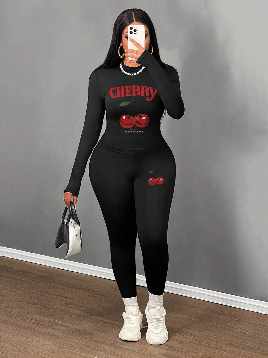 Slaydiva Bộ đồ thể thao bó sát 2 món họa tiết quả anh đào phong cách đường phố thường ngày cho nữ cỡ lớn, phù hợp với phong cách đường phố và hip hop - màu đen - Xem 1