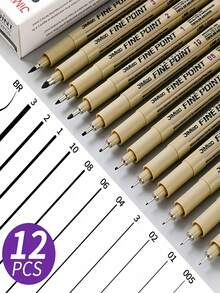 1/12支装尖头颜料笔微米墨水马克笔适用于漫画绘图素描针笔勾线笔素描文具套装美术用品 - 黑色 - 查看 9