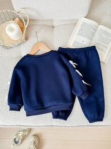 女婴海军蓝蝴蝶结长袖连帽衫和松紧腰裤套装，秋冬 - 藏蓝色 - 查看 2