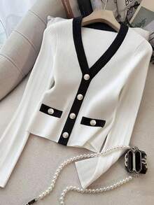 Franclia Women's Elegant Contrast Color Button Long Sleeve T-Shirt - Black and White - View 1