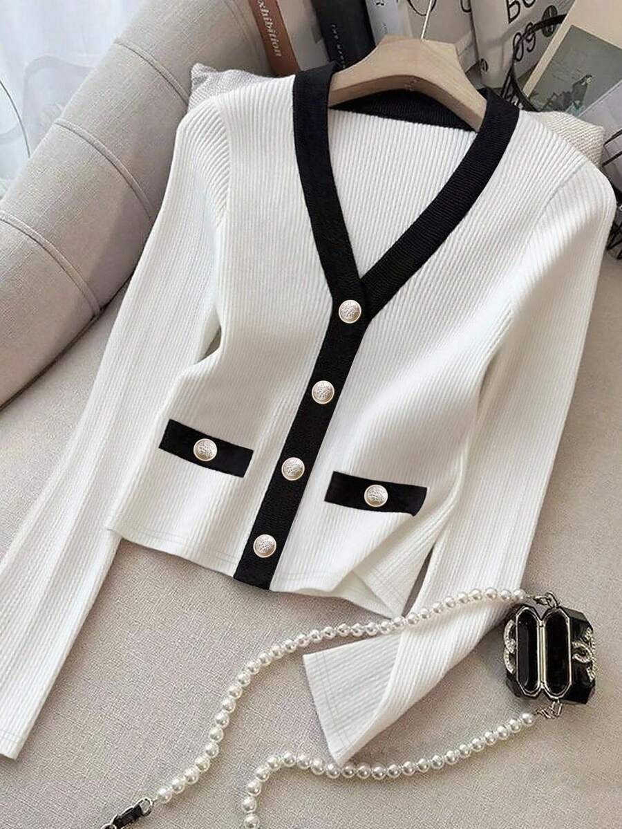 Franclia Women's Elegant Contrast Color Button Long Sleeve T-Shirt - Black and White - View 1