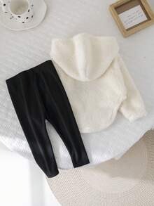 2 件套女婴可爱保暖连帽运动衫和针织打底裤套装，秋冬 - 米色 - 查看 2