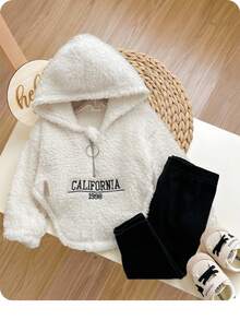 2 件套女婴可爱保暖连帽运动衫和针织打底裤套装，秋冬 - 米色 - 查看 6