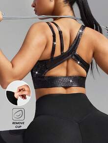 Innovista Stilvoller, sexy und hochdehnbarer, glitzernder, glänzender Sport-BH für Fitnessstudio, Lounge und Abend, hochwertiges weiches Material mit abnehmbaren Pads und verstellbaren Trägern. Bequeme mittlere Stützpassform, vielseitige Trainingskleidung - einsatzbereite Sportbekleidung mit fester, atmungsaktiver Unterstützung, metallisches Tiermuster Schimmer Trainings-Tops für täglichen Freizeitsport, Pilates, Training, Herbst, funktionales Kreuz-Rücken-Design für Gala-Nacht. - Schwarz - Übersicht 3