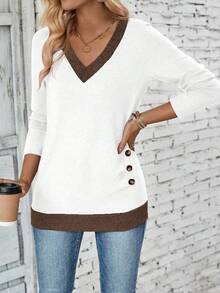 EMERY ROSE Women's Casual Long Sleeve T-Shirt With Contrast Trim And Button Decor, Autumn - Multicolor - View 3