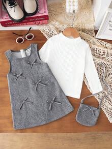 Souflis Souflis 女婴蝴蝶结灰色羊毛拉链连衣裙和罗纹针织长袖上衣，搭配可爱包包，优雅可爱的日常装扮