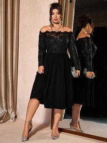 Cravure Plus Size Women Lace Patchwork Off Shoulder Dress, DiverChic Elegant Party - Black - View 4