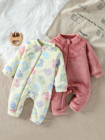 2件套女宝宝可爱清新印花连体衣和粉色毛绒连体衣，新生儿保暖连体衣，拉链婴儿连体衣，抓绒婴儿连体衣，新生儿婴儿连体衣，女宝宝冬季服装，1个月-2岁秋冬季中性婴儿服装，中性婴儿服装，男女通用连体衣