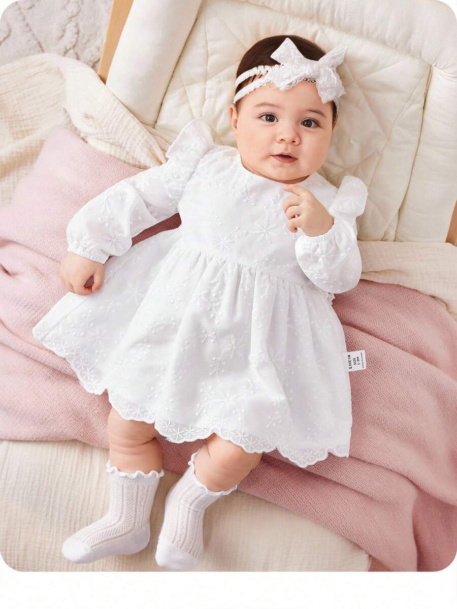 SHEIN 新生兒女寶寶休閒可愛刺繡波邊長袖連衣裙 - 白色 - 查看 1