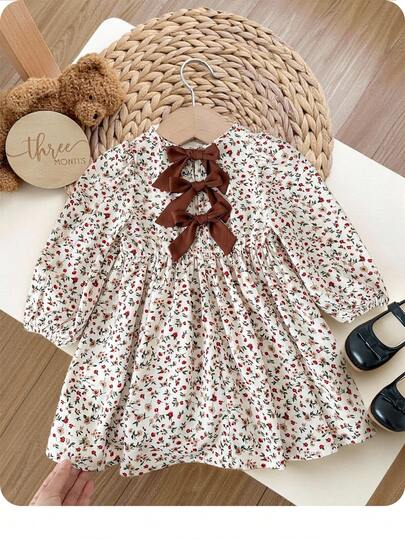 SHEIN LMoss Kids 女宝宝可爱度假休闲杏色碎花蝴蝶结宽松长袖连衣裙