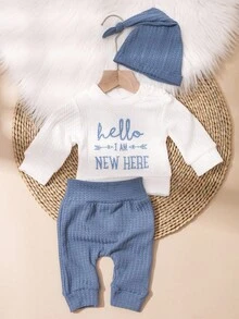 SHEIN HELLO Letter Embroidered Newborn Photography Outfit, Baby Boy/Girl Top, Pants, Hat 3pcs Set, Infant 1 Month To 100 Days Studio Photo Prop Clothing Fall Winter