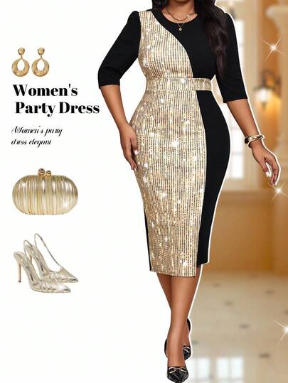 Fleurora 大码女式圆领 3/4 袖亮片拼接不对称下摆修身优雅连衣裙