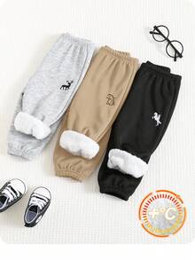 SHEIN 3pcs/Set Baby Boy Cute Solid Color Thick Thermal Lined Cartoon Dinosaur Pattern Elastic Waist Pants, Multi-Pack Basic Trousers Suitable For Autumn, Winter, Outdoor & Skiing