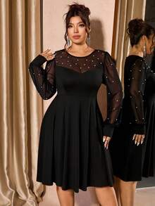 Cravure Abito elegante e aderente da donna taglie forti, con perline e colori a contrasto, abito da sera con patch in rete e vita stretta per feste e serate - nero - Visualizzare 4