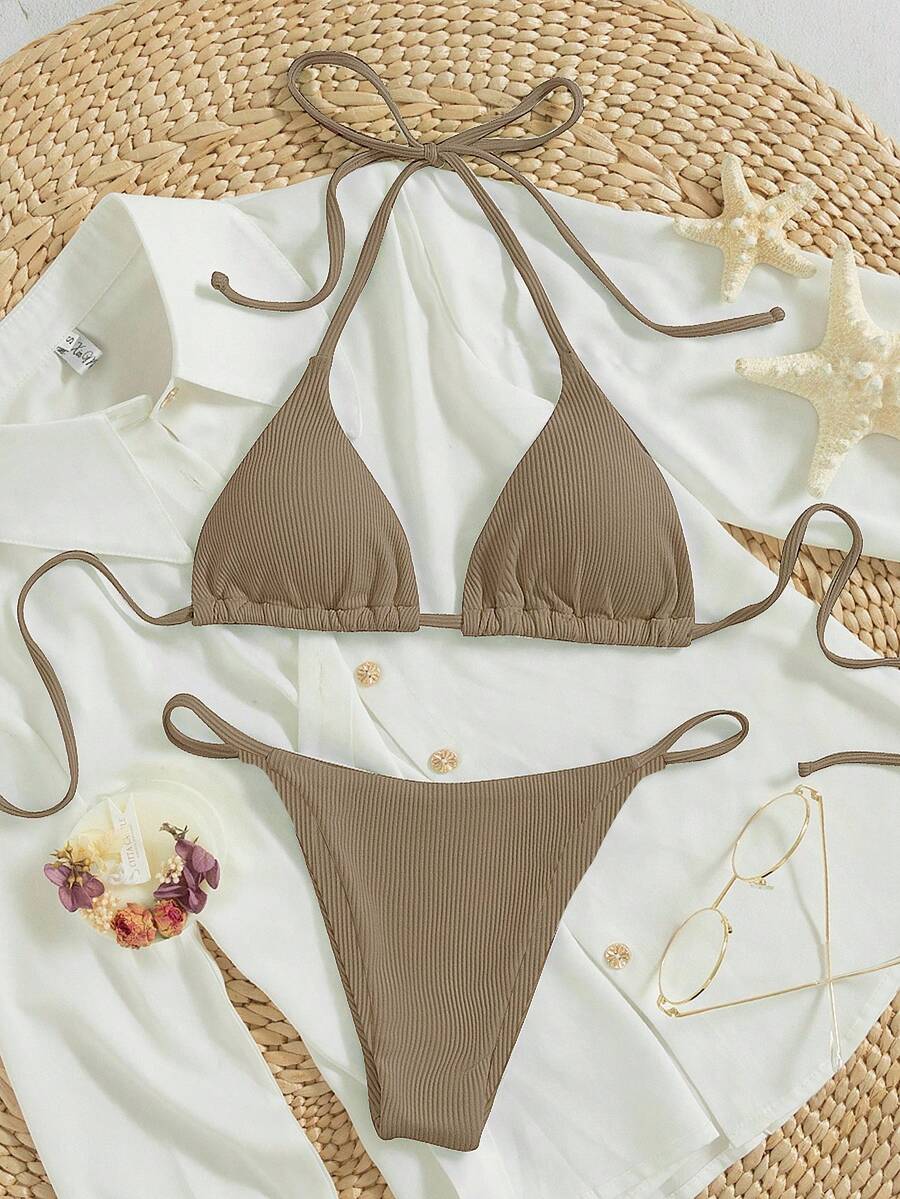 SHEIN Swim 2026 Spring/Summer Women's Vacation Special Fabric Spaghetti Strap Halter Brown Sexy Thong Bikini 2 Pieces Swimsuit - Mocha Brown - View 1