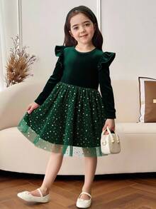 Vestido de fiesta, vestido de Navidad, estilo de palacio lujoso para niña joven con parches de terciopelo, malla brillante con estrellas - Verde - Ver 7
