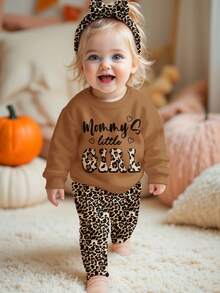 Emery Rose Kids Emery Rose Kids 奶油卡其色，复古可爱豹纹“妈妈的小女孩❤”女婴休闲柔软厚圆领长袖运动衫和紧身裤套装，适合秋冬季 - 彩色 - 查看 4
