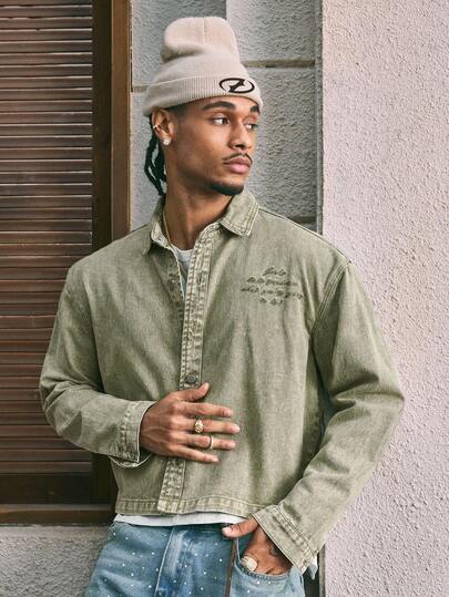 AXEPEAK Men's Casual Washed Distressed Denim Long Sleeve Jacket, Fall