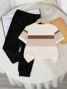 SHEIN 男宝宝休闲条纹圆领短袖上衣和裤子套装 - 彩色 - 查看 3