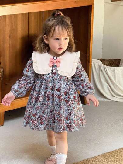 SHEIN Baby Girl Cute Long Sleeve Princess Dress, Fashionable Nature-Inspired Style, Spring/Autumn Fall Winter