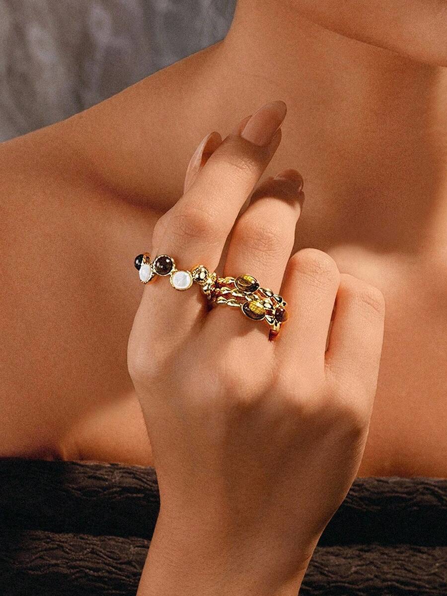 Glisma Anello aperto vintage a 3 strati placcato in oro 18K con occhio di tigre, anello dal design unico per le donne - Dorato - Visualizzare 1