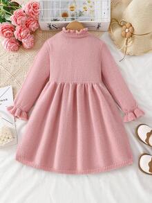 女童粉色针织毛衣裙，甜美花朵荷叶边下摆公主风幼儿针织连衣裙，秋冬