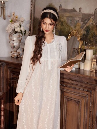 PalaceNights 复古宫廷风格女式刺绣V领宽松长袖睡袍，秋季