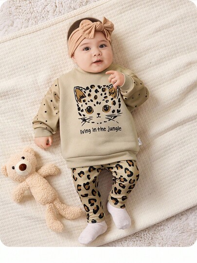 SHEIN Newborn Baby Girl Dot Print Long Sleeve Cartoon Hoodie & Leopard Pants Outfit, Thick Thermal Lined For Autumn/Winter
