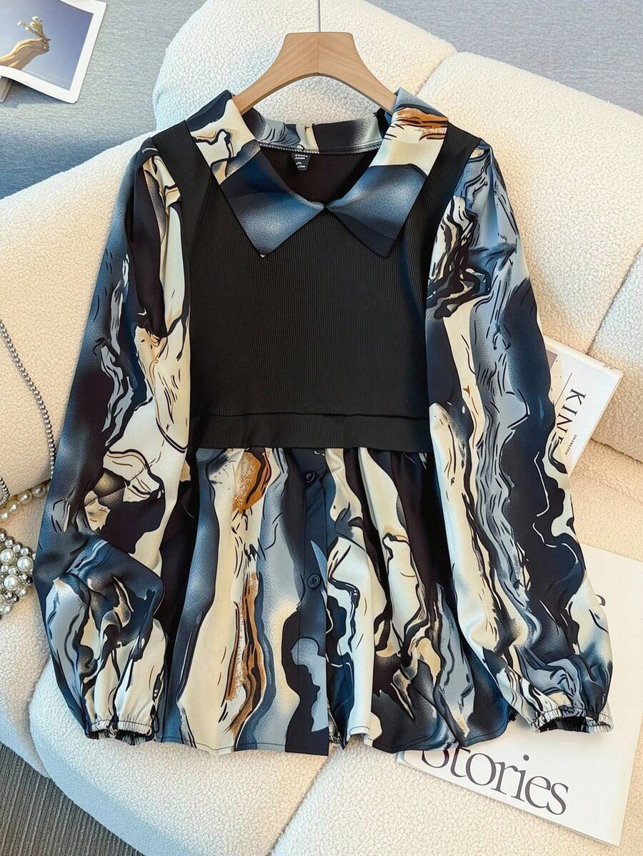 SHEIN Clasi Áo thun dệt kim họa tiết vân đá màu cỡ lớn 2 trong 1 cho nữ - Nhiều màu - Xem 1