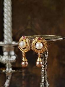 Glisma 18K Gold-Plated Vintage Exaggerated Elegant Pearl Earrings,Party,Night Club,Shopping,Vintage,PREMIUM,Zirconia,Rhinstone,Western Jewelry,Old Money,Gemstone,Outfits,Fall/Autumn/Winter,For Mom/Women/Girl/Mother,Premium