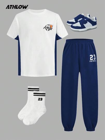 SHEIN 2pcs/Set Young Boys' Casual Sports Outfit, Short Sleeve Printed Loose Knit T-Shirt And Loose Drawstring Pants, Comfortable And Soft For Running And Sports