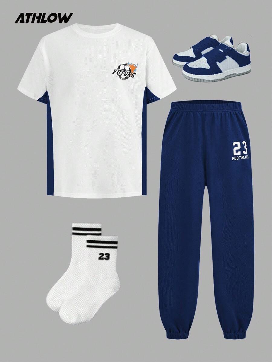 SHEIN 2pcs/Set Young Boys' Casual Sports Outfit, Short Sleeve Printed Loose Knit T-Shirt And Loose Drawstring Pants, Comfortable And Soft For Running And Sports