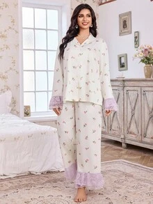 CottageSlumber Plus Size Floral Lace Patchwork Long Sleeve Pajama Set, Fall Clothes