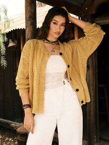 Easelle Áo cardigan dệt kim tay dài dáng suông vai thả họa tiết xoắn cáp, cài cúc đơn, kiểu dáng cao bồi đính sequin, màu vàng mù tạt, thích hợp cho nữ mùa thu đông. - Màu Mù tạt vàng - Xem 7
