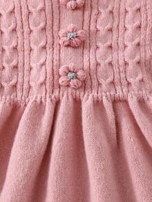 女童粉色针织毛衣裙，甜美花朵荷叶边下摆公主风幼儿针织连衣裙，秋冬