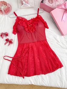 SHEIN 2pcs Lace Contrast Mesh Sexy Nightgown Set (Wireless, G-String), Baddie Look - Red - View 4