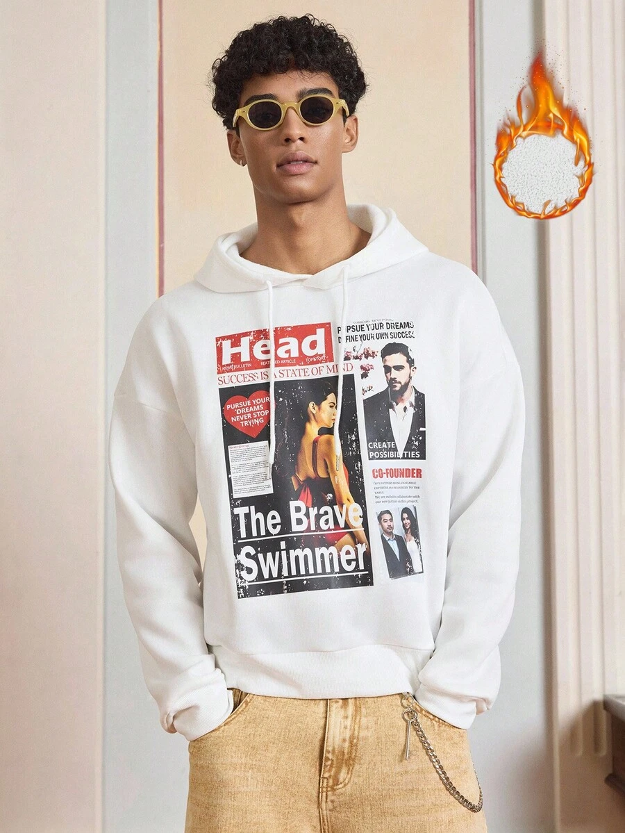 Manfinity VCAY Sweat-shirt-shirt graphique pour hommes avec impression d'affiche de film. Sweat-shirt à capuche en tissu chaud, automne, hiver - Blanc - Voir 1