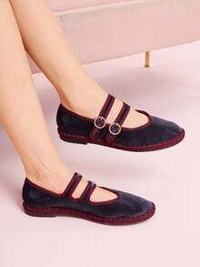 CUCCOO DOLLMOD Women's Midnight Blue Elegant Velvet Classic Comfortable Velvet Parallel Double Strap Mary Jane Flat Shoes For Christmas - Dusty Blue - View 3