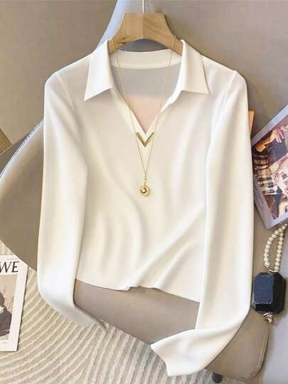 Franclia 女士时尚优雅舒适翻领金属字母装饰优雅长袖 T 恤，适合日常通勤、办公室、室内外穿着，秋冬季