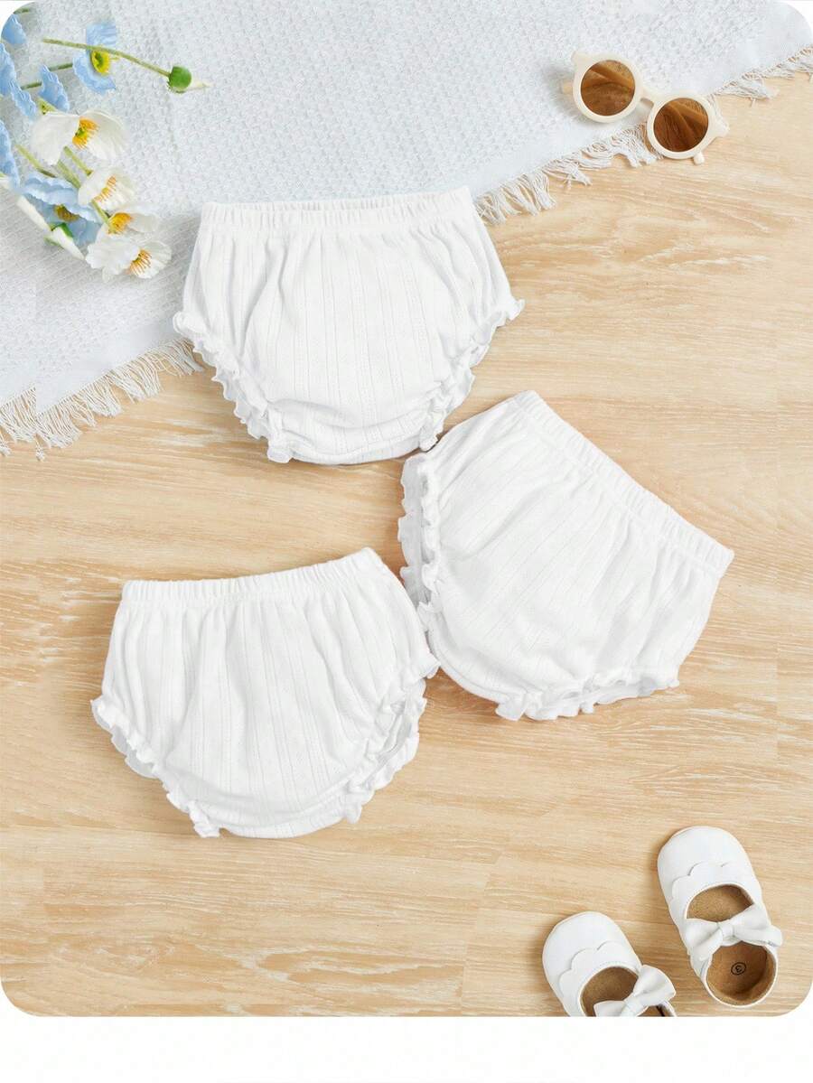 3pcs Baby Girl Knitted Casual Solid Color Elastic Waist Triangle Briefs - White - View 1