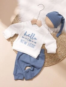 SHEIN HELLO Letter Embroidered Newborn Photography Outfit, Baby Boy/Girl Top, Pants, Hat 3pcs Set, Infant 1 Month To 100 Days Studio Photo Prop Clothing Fall Winter