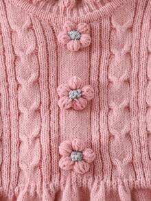 女童粉色针织毛衣裙，甜美花朵荷叶边下摆公主风幼儿针织连衣裙，秋冬