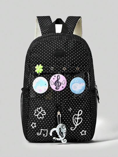 Grunge Punk Vintage College Style Bone, Star, Music Note, Clover, Polka Dot Print Cute Backpack, Fashion Casual Multi-Pocket Large Capacity Bag, Transparent Backpack Suitable For Commuting, School