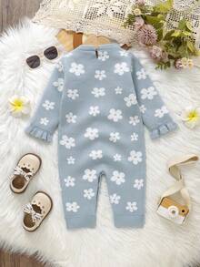 SHEIN Vintaside Kids 女婴舒适花卉装饰圆领毛衣连体衣 - 藍色 - 查看 2