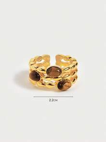 Glisma Anello aperto vintage a 3 strati placcato in oro 18K con occhio di tigre, anello dal design unico per le donne - Dorato - Visualizzare 6